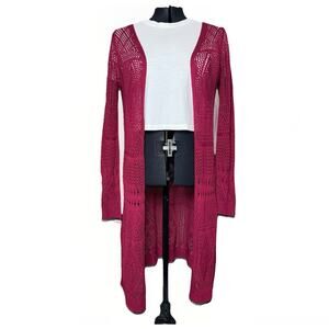 Ransom Womens Medium Sweater Red Burgundy Long Sleeve Knit Crochet Open Cardigan